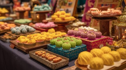 Obraz premium Colorful Assortment of Traditional Asian Desserts Displayed on a Festive Table with Vibrant Decorations and Exquisite Presentation