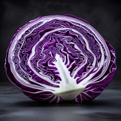 Obraz premium Fresh Purple Cabbage Cross Section Close Up on Dark Background