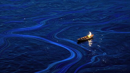 Obraz premium Growth mindset meets calm focus as a glowing crescent moon drifts on starlit waters, inspiring continuous learning and visionary career development.