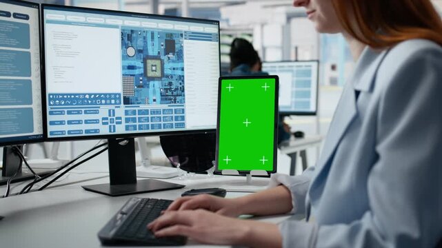 Mockup green screen tablet used by female technician examining microchip circuit layout in factory office, woman uses chroma key isolated screen device to improve semiconductor manufacturing.