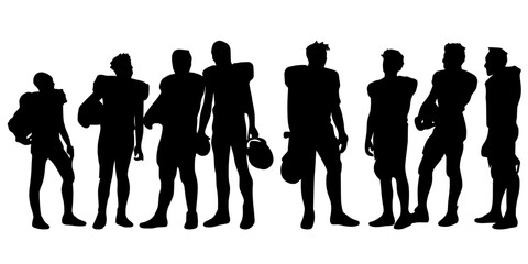Silhouette of American football players standing in a group holding helmets, bold black minimalist illustration perfect for sports, team, and athletic themes. © Suriya