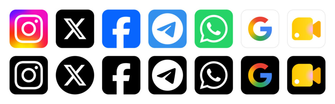 social media icon set or social network logos , facebook, instagram, x, whatsapp, telegram, google meet, vector icons buttons