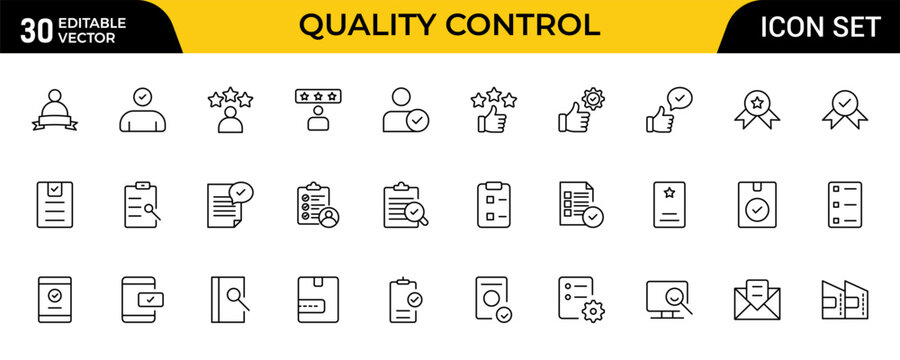 Quality Control Line Icon Set for Quality Assurance, Inspection Management, Compliance Standards, Process Monitoring and Product Verification Outline Vector Collection