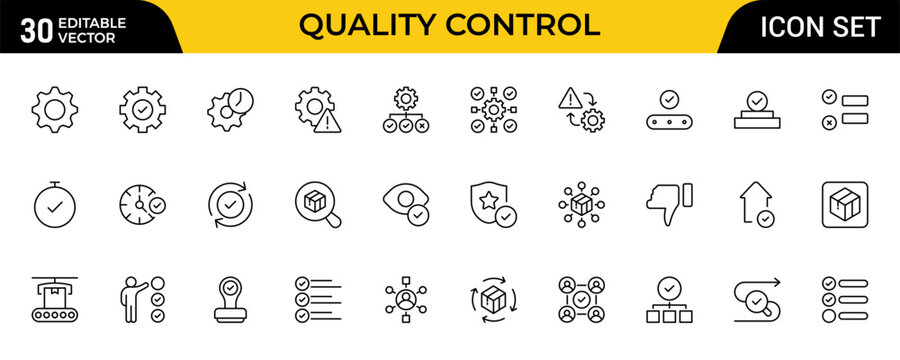 Quality Control Line Icon Set for Quality Assurance, Inspection Management, Compliance Standards, Process Monitoring and Product Verification Outline Vector Collection
