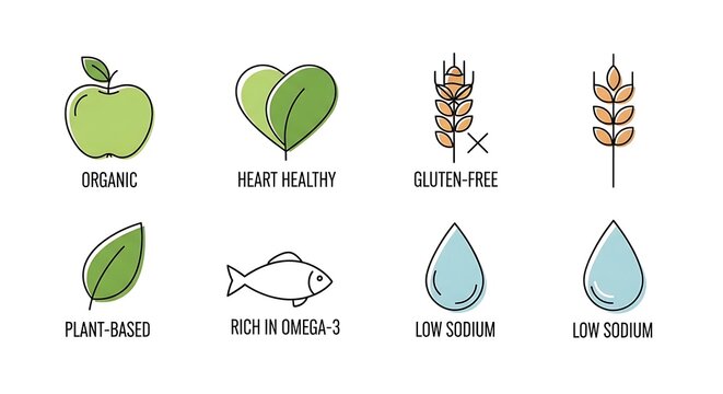 Simple line drawing of plant based food health benefits with icons and labels