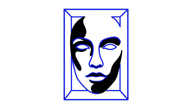 A stylized graphic illustration of a human face framed within a simple blue rectangle