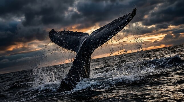 Whale tail splashing in the ocean under a dramatic sunset sky