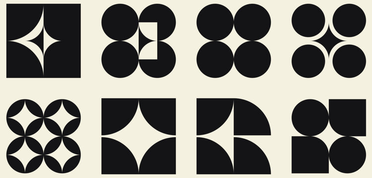 Set of geometric shapes with sparkle pattern &ndash; Geometric sparkle shape set with black circles, squares, star cutouts and minimal abstract symbols