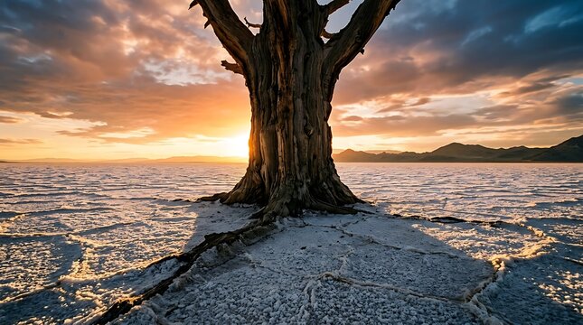 Ancient gnarled tree trunk standing on a vast salt pan at sunset