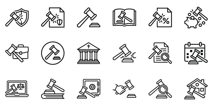Set of law court and justice system line icons with judgment attorney document authority litigation government