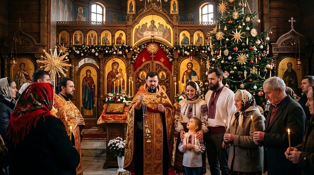 Priest leads an orthodox christmas service for a family in church