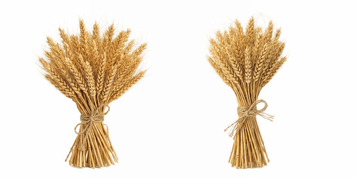 A Set of golden wheat bundles tied with rustic rope, dried grain stalks for farmhouse decor, harvest season arrangements isolated on white PNG


