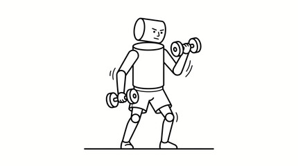 Fototapeta premium Stylized Robot Character Lifting Dumbbells, Focused Strength Training on Isolated White Background
