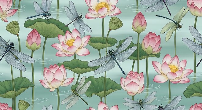 Elegant seamless pattern with pink lotus flowers and dragonflies
