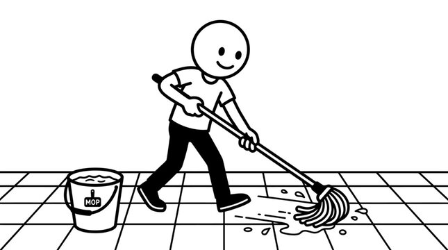 Diligent man mopping a tiled floor with a bucket in an isolated white background.