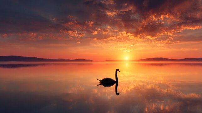 Serene Swan Silhouette at Sunset Over Tranquil Water with Colorful Clouds and Mountain Reflections in a Calm Lake Environment