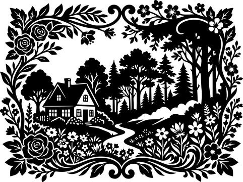 Scherenschnitte Style Paper Cut Silhouette of a Cottage in a Forest with Floral Frame