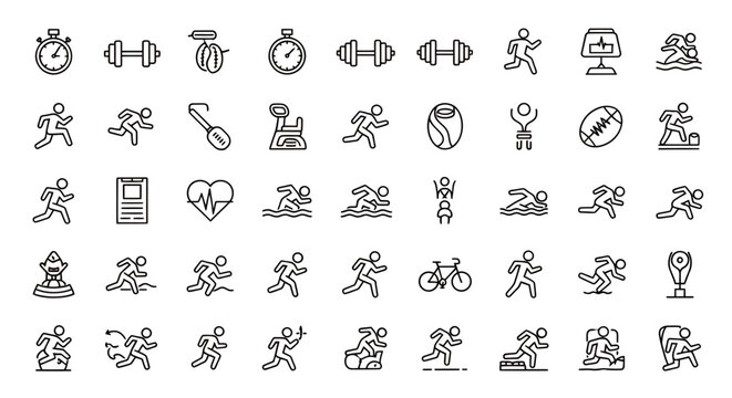 Collection of diverse human action icons in black outline style for user interfaces and design.