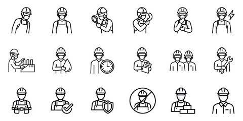 Fototapeta premium Set of construction worker and building site professional line icons with construction engineer industry professional