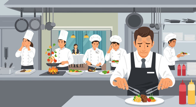 Busy commercial kitchen with chefs preparing food, teamwork, restaurant service