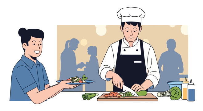 Chef preparing food, customer receiving plate, kitchen scene illustration