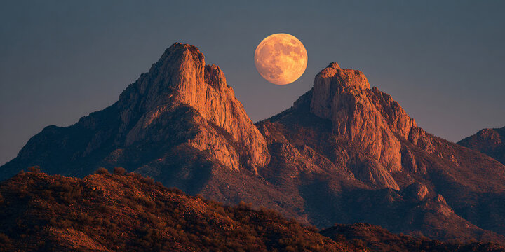 Full Moon Rising Centered Between Two Mountain Peaks
