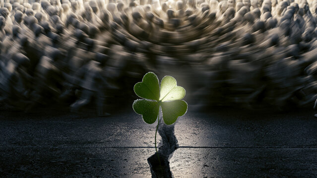 A glowing four-leaf clover growing from cracked concrete against a chaotic, motion-blurred crowd of faceless people.