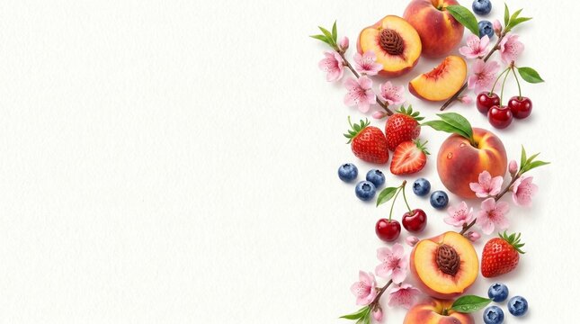 Fresh summer peach and berry floral border on white