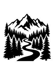 Obraz premium Mountain Landscape with Winding River and Pine Forest Silhouette Vector Art