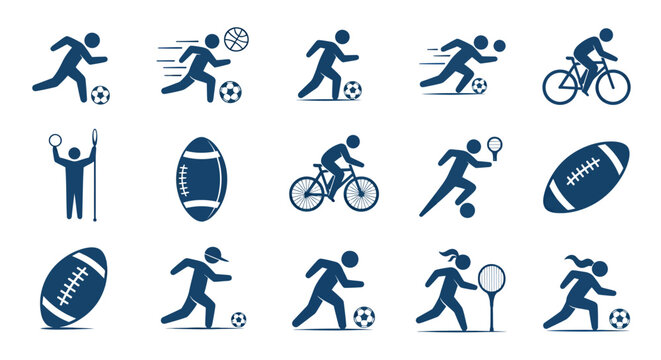 Collection of varied sports action icons showing running, cycling, ball games and inclusive athletic participation.