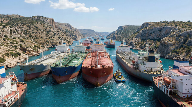 Large oil tankers anchored in a narrow sea channel. Concept of global energy crisis, fuel supply chain disruption and logistics bottleneck. Maritime trade and international economy.