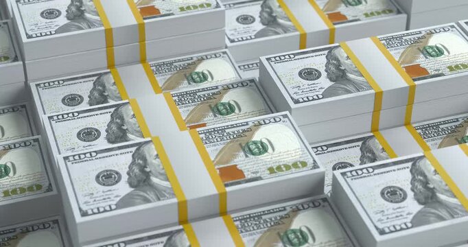 4k Resolution Video: Wealth And Cash Flow. Stacks Of Hundred Dollar Bills With Gold Straps Animated Extreme Closeup