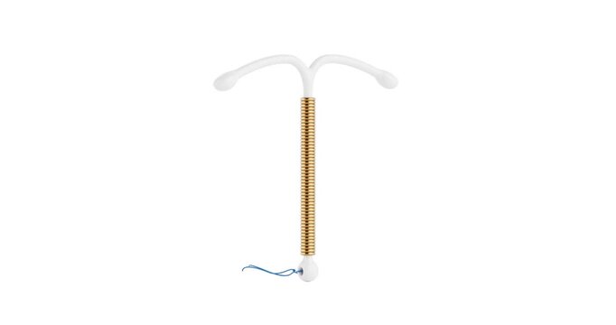 4k Resolution Video:  IUD Birth Control Concept. Copper Intrauterine Device With Blue Strings Seamless Loop Animated On White Background With Alpha Matte