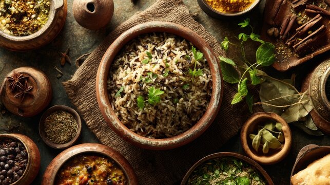 A Rustic View of Traditional Rice Dish Surrounded by Spices and Ingredients in Clay Pots on a Wooden Table for Culinary Photography