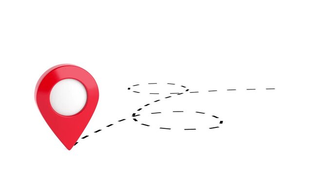 4k Resolution Video: Location Navigation Concept. Red Map Pins Connected By Animated Dotted Route On White Background With Alpha Matte
