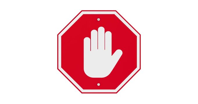 4k Resolution Video: Stop Warning Concept. Red Octagonal Sign With White Hand Symbol Animated On White Background With Alpha Matte