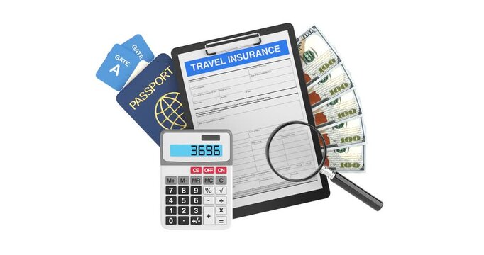 4k Resolution Video: Travel Insurance Concept. Clipboard With Policy Form, Passport, Tickets, Cash, Calculator And Magnifying Glass Animated On White Background With Alpha Matte
