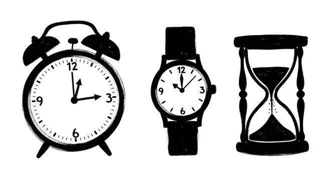 Collection of Timekeeping Devices Including Alarm Clock Wristwatch and Hourglass.