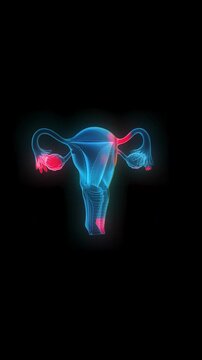 4k Resolution Vertical Video for Social Media: Female Reproductive Health, Gynecology And Illness Zone Concept. Uterus With Highlighted Disease Areas Seamless Loop Rotate On Black Background