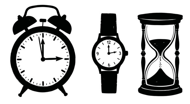 Collection of Timekeeping Devices Including Alarm Clock Wristwatch and Hourglass.