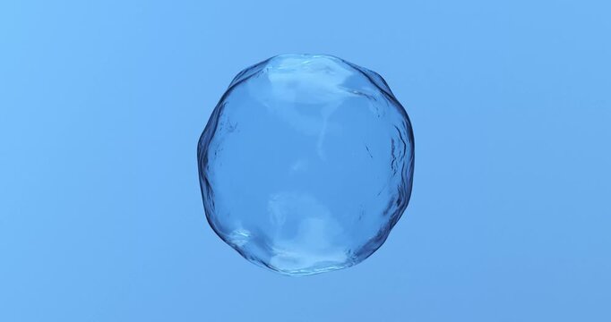 4k Resolution Video: Water Purity Concept. Transparent Blue Water Sphere Extreme Closeup Animated On Blue Background