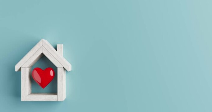 4k Resolution Video: Home Care Concept. White Wooden House Frame With Red Heart Symbol Built Animation On Blue Background With Copy Space And Alpha Matte