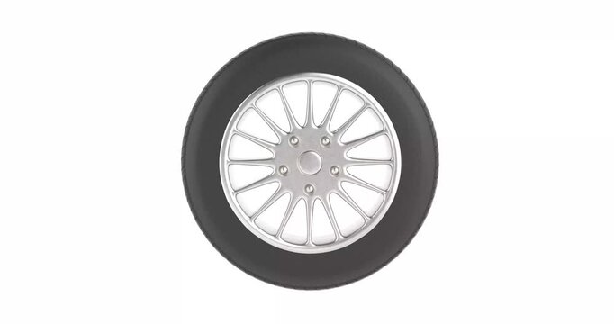 4k Resolution Video: Automotive Wheel Concept. Close Up Car Tire With Silver Rim, Spokes, Rubber Tread Seamless Looped Rotating On White Background With Alpha Matte