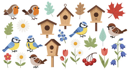 Collection of various colorful birds, birdhouses, and natural elements. © Ndog