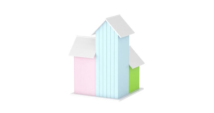 4k Resolution Video: Birdhouse Community Concept. Colorful Wooden Birdhouses With White Fence And Round Entrances Seamless Looped Rotating On White Background With Alpha Matte