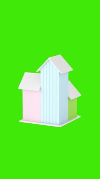 4k Resolution Vertical Video for Social Media: Birdhouse Community Concept. Colorful Wooden Birdhouses With White Fence And Round Entrances Seamless Looped Rotating On Green Screen With Alpha Matte