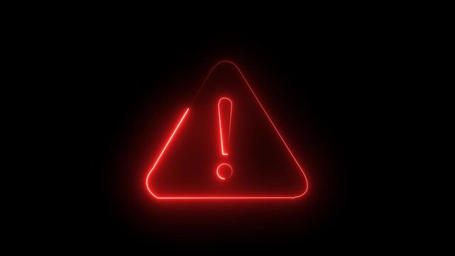 Glowing red neon warning triangle sign with exclamation mark isolated on black background, perfect for alert, risk, system error, and hazard concept.