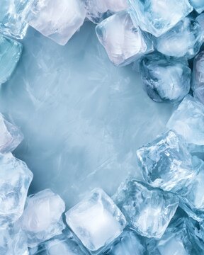 Close-up image of clear ice cubes arranged in a circular pattern with a frosty, blue-toned background.