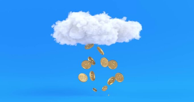 4k Resolution Video: Financial Opportunity Concept. Golden Coins, Symbolizing Wealth, Income And Savings, Falling Animated From A White Cloud On Blue Background