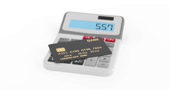 4k Resolution Video: Credit Card Debt Calculation. Black Credit Card On Calculator With Digital Display Animated On White Background With Alpha Matte